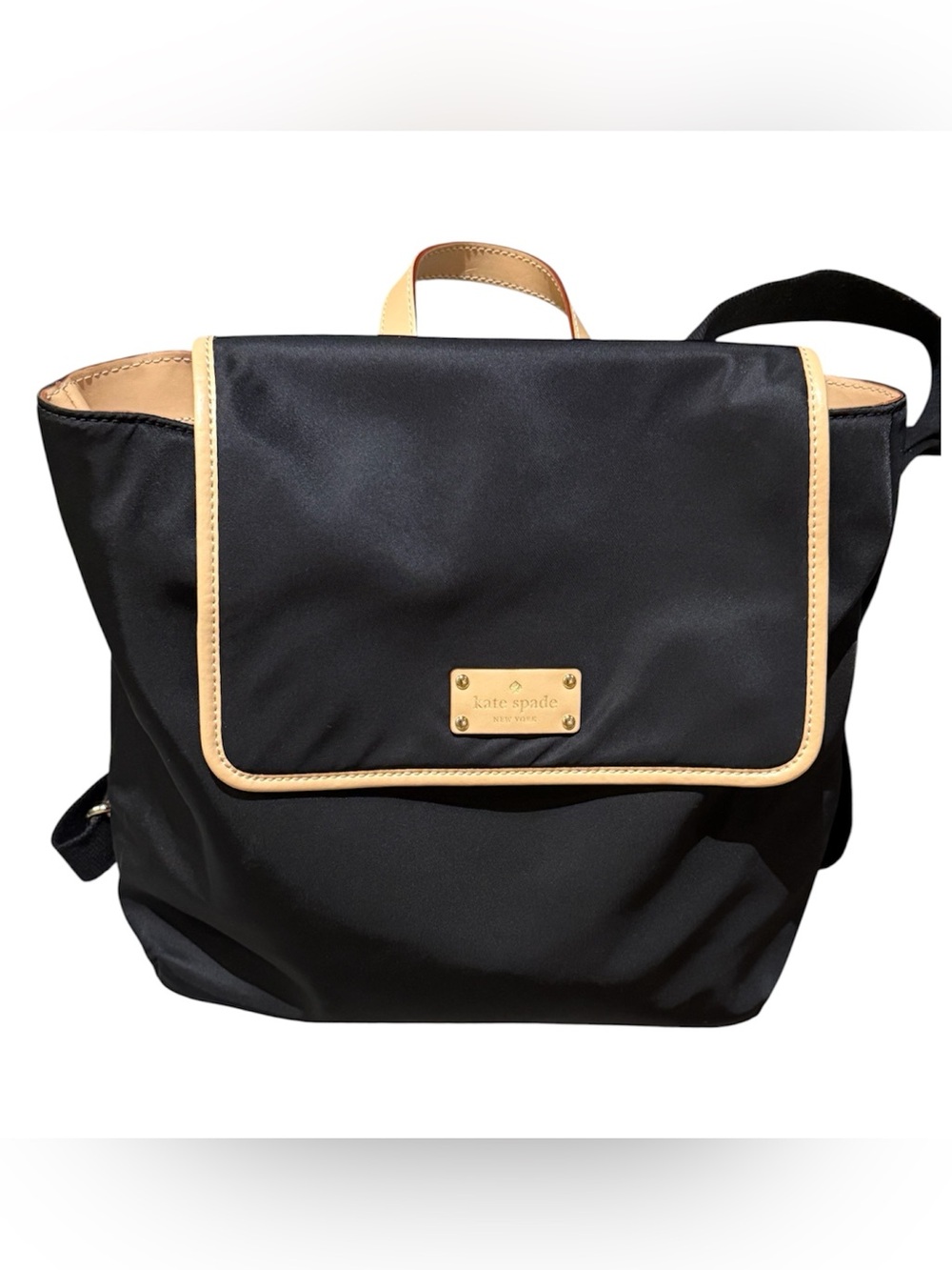 Kate Spade Black Nylon Backpack Beige Trim and Gold Plaque pink inside liner